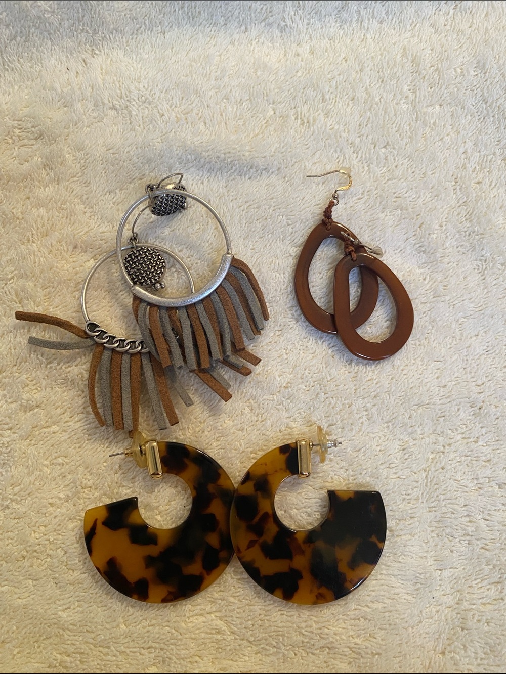 Women's Mixed Earring Trio - Brown Tortoiseshell, Tan Fringe & Chestnut Hoops